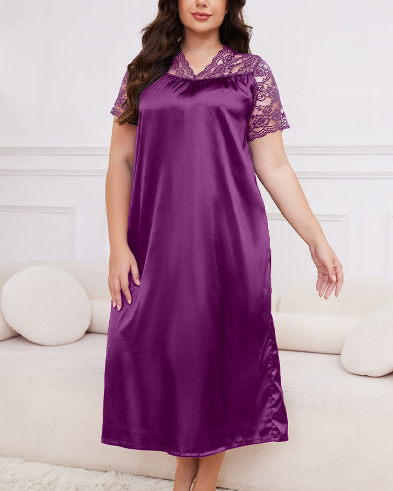 Curvvvy® Silky Comfort Lace Trim Plus Size Sleep Dress