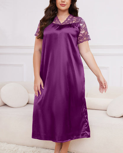 Curvvvy® Silky Comfort Lace Trim Plus Size Sleep Dress