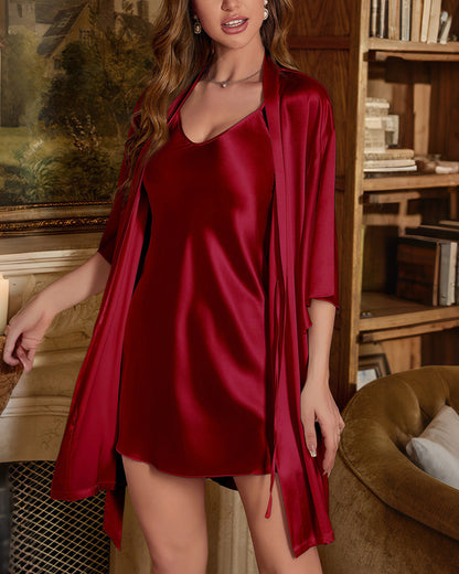 Curvvvy® Robe & Chemise 2-Piece Ice Silk Satin Sleepwear Set