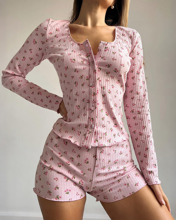 Curvvvy® Floral Ribbed Knit 3-Piece Loungewear Set