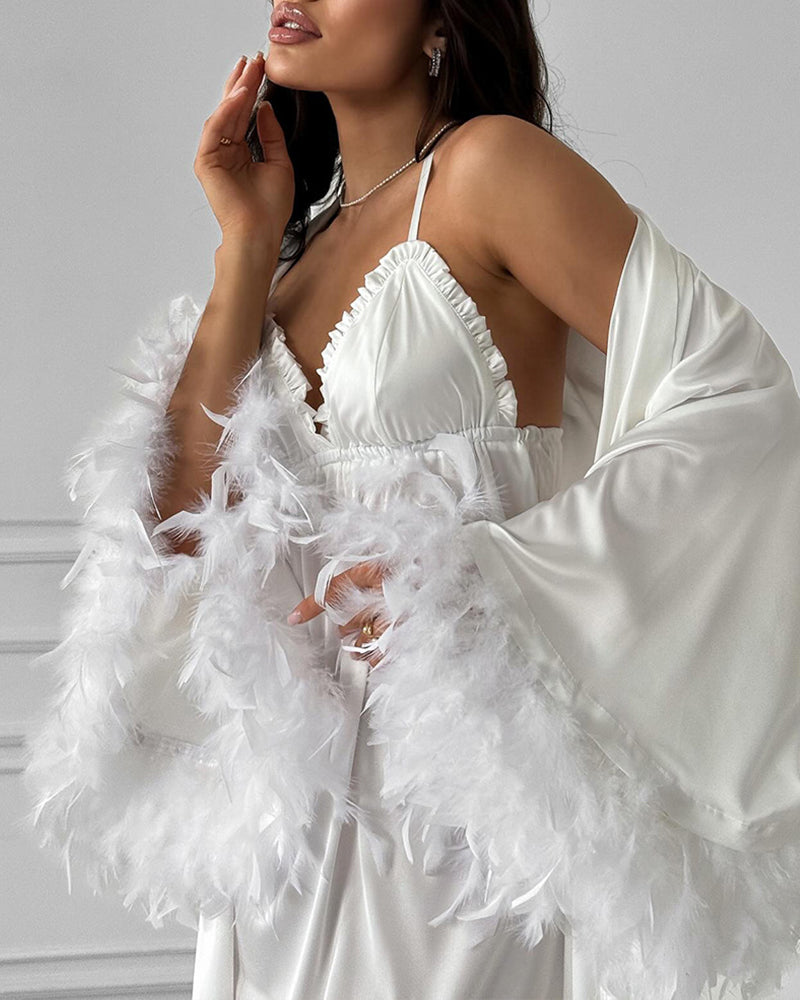 Curvvvy® Feather Trim Satin Robe & Slip Dress Loungewear Set