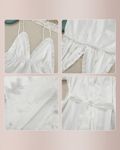 Curvvvy® Feather Trim Satin Robe & Slip Dress Loungewear Set