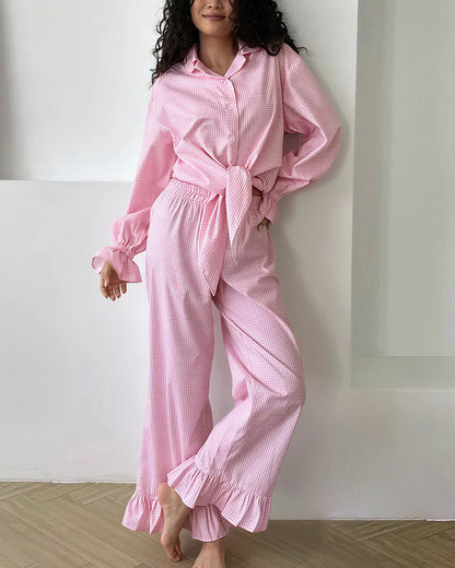 Curvvvy® Sweetheart Pink Plaid Ruffle 2-Piece Loungewear Set