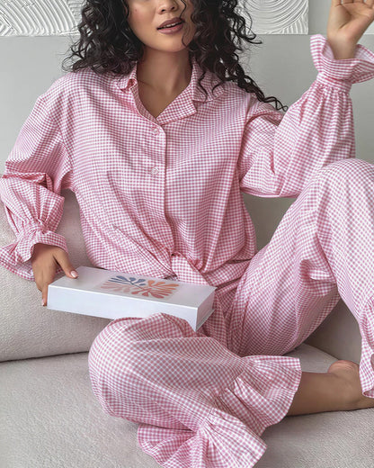 Curvvvy® Sweetheart Pink Plaid Ruffle 2-Piece Loungewear Set