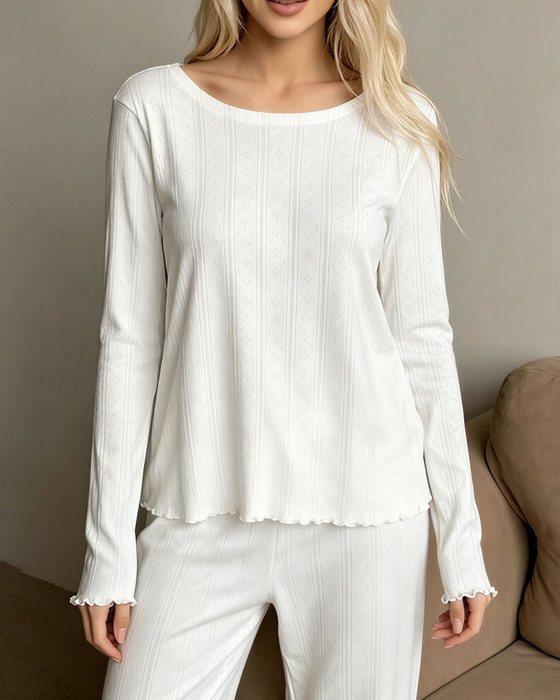Curvvvy® Ribbed Knit Long Sleeve Loungewear Set with Lettuce Trim