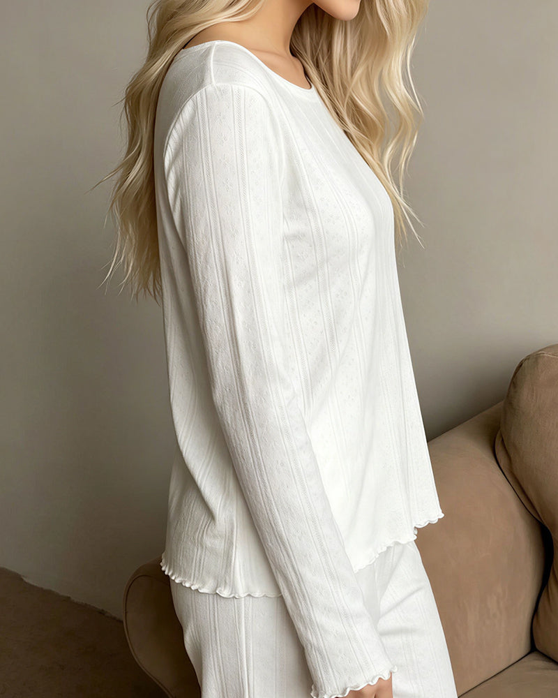 Curvvvy® Ribbed Knit Long Sleeve Loungewear Set with Lettuce Trim