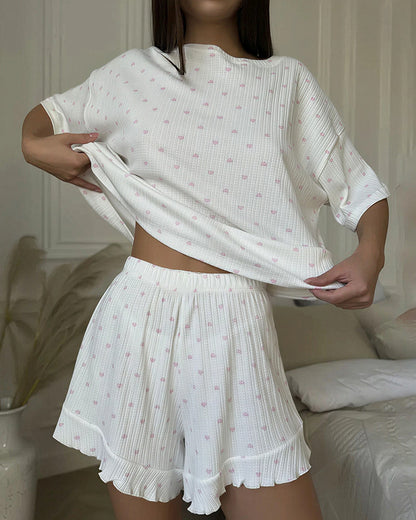 Curvvvy® Sweetheart Waffle Knit Loungewear Set with Ruffle Shorts