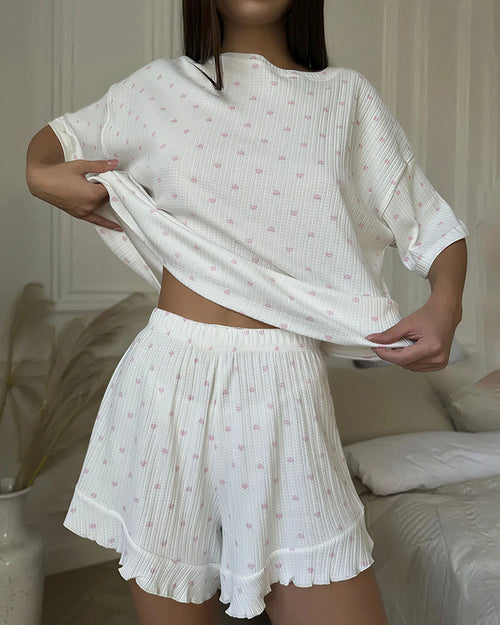 Curvvvy® Sweetheart Waffle Knit Loungewear Set with Ruffle Shorts