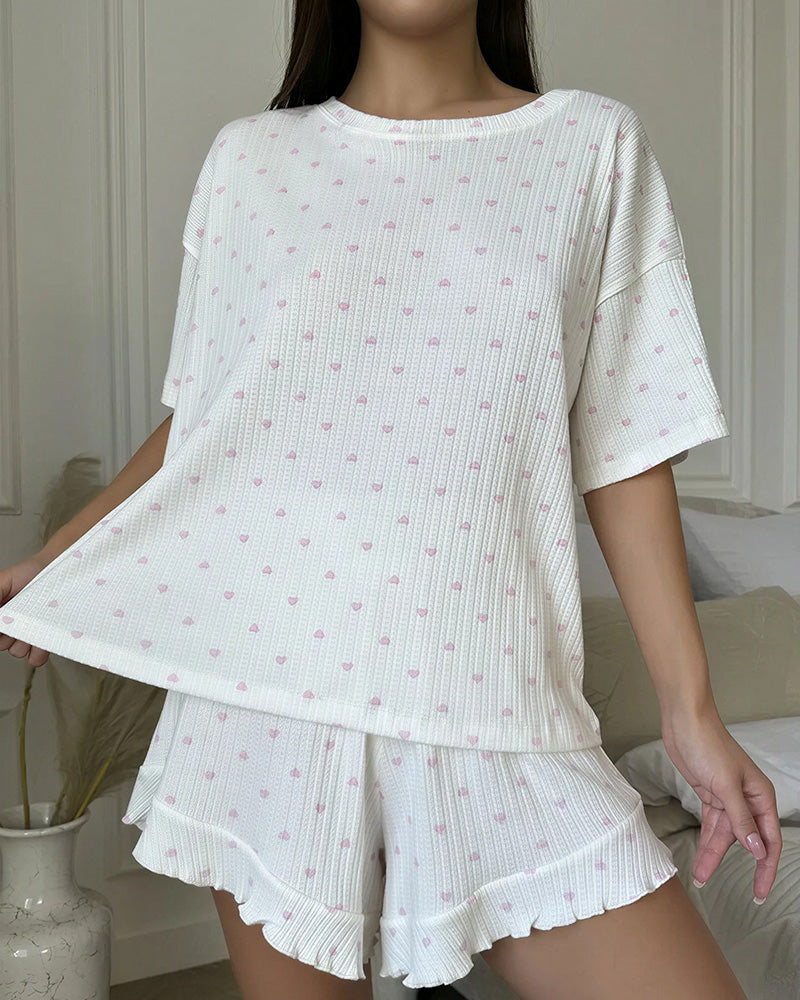 Curvvvy® Sweetheart Waffle Knit Loungewear Set with Ruffle Shorts