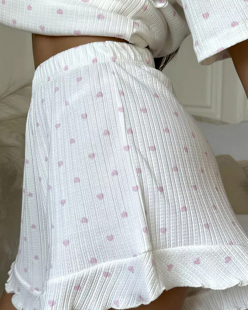 Curvvvy® Sweetheart Waffle Knit Loungewear Set with Ruffle Shorts