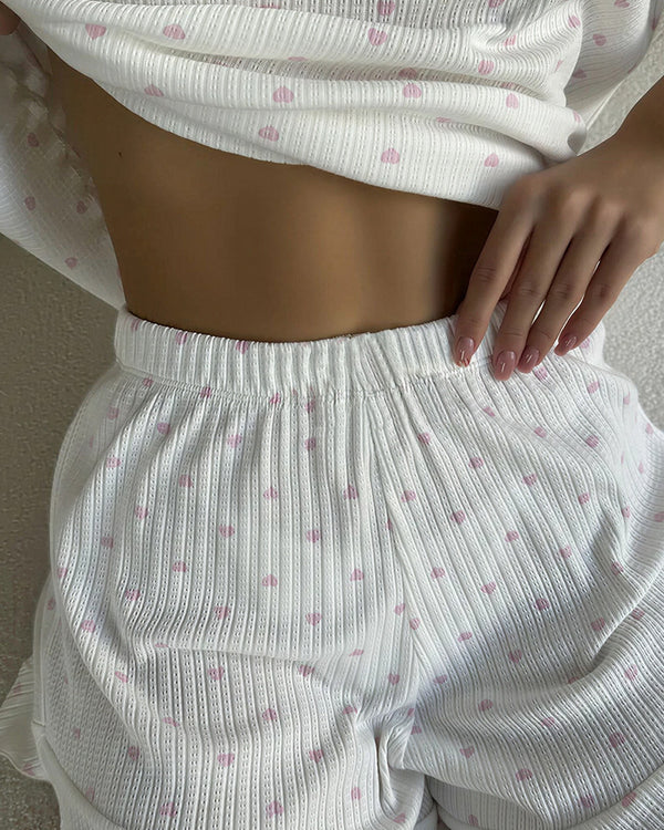 Curvvvy® Sweetheart Waffle Knit Loungewear Set with Ruffle Shorts