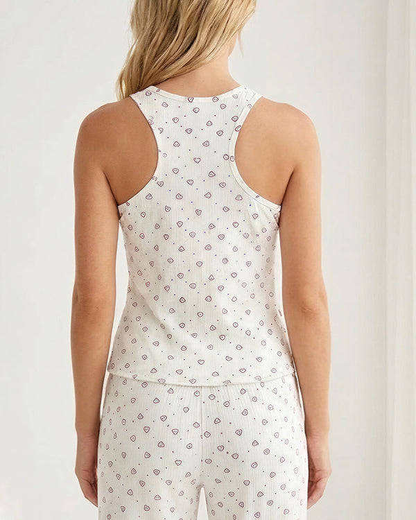 Curvvvy® Heart Print Sleeveless Knit Lounge Set with Ruffle Pants