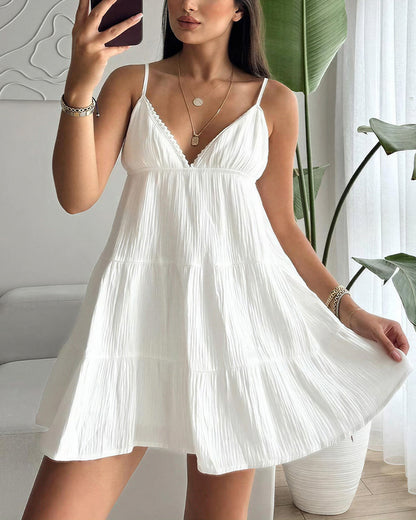Curvvvy™ Cotton Lace Trim Deep V Cami Babydoll Dress Summer Loungewear