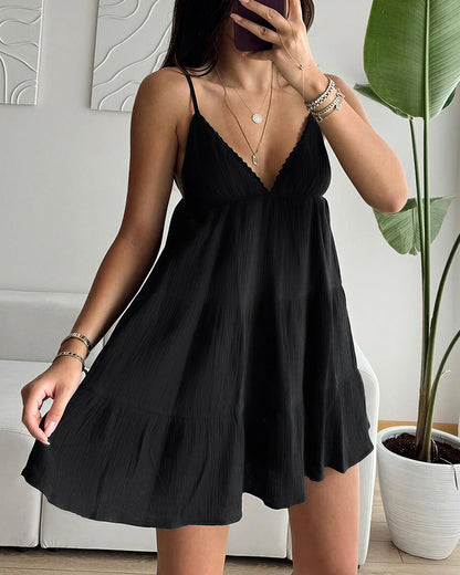 Curvvvy™ Cotton Lace Trim Deep V Cami Babydoll Dress Summer Loungewear
