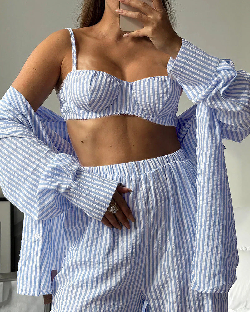 Curvvvy™ Striped 3-Piece Lounge Set - Shirt, Bralette & Pants