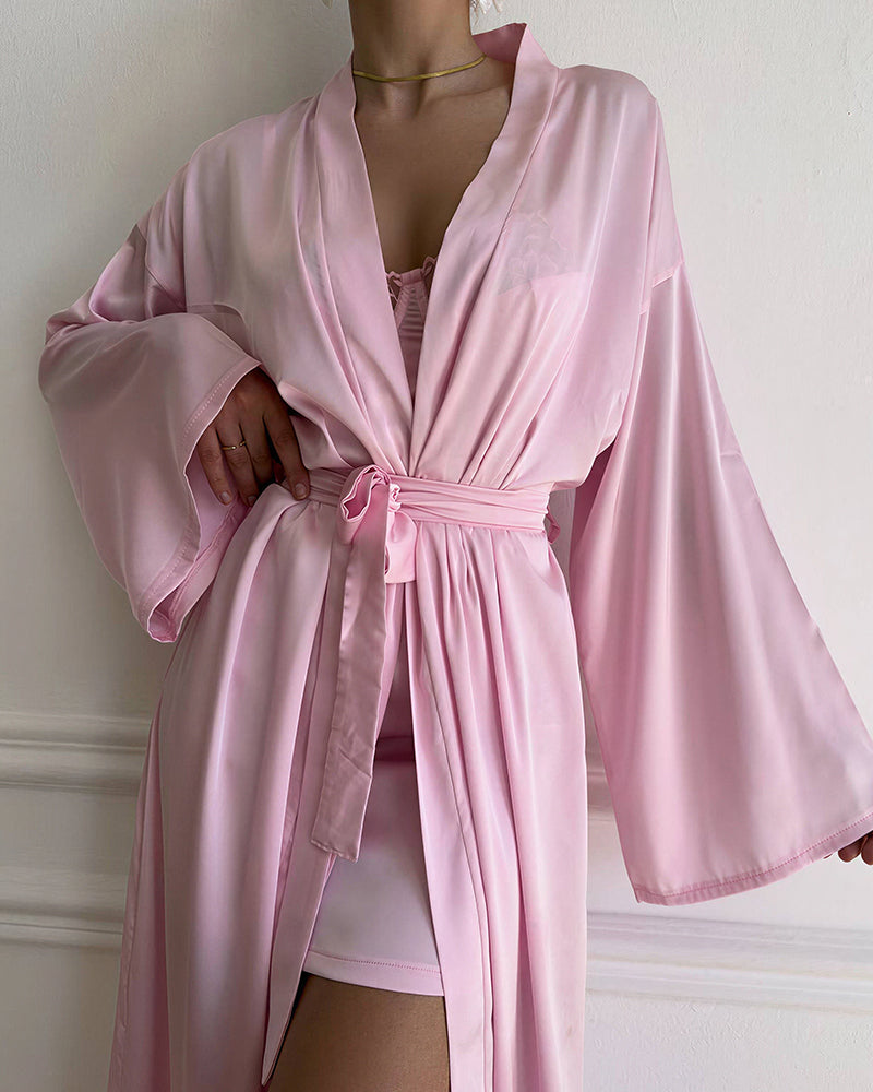 Curvvvy™ 2-Piece Silky Satin Robe & Lace Slip Dress Set