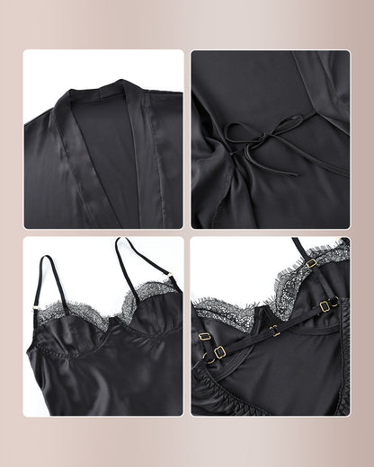 Curvvvy™ 2-Piece Silky Satin Robe & Lace Slip Dress Set