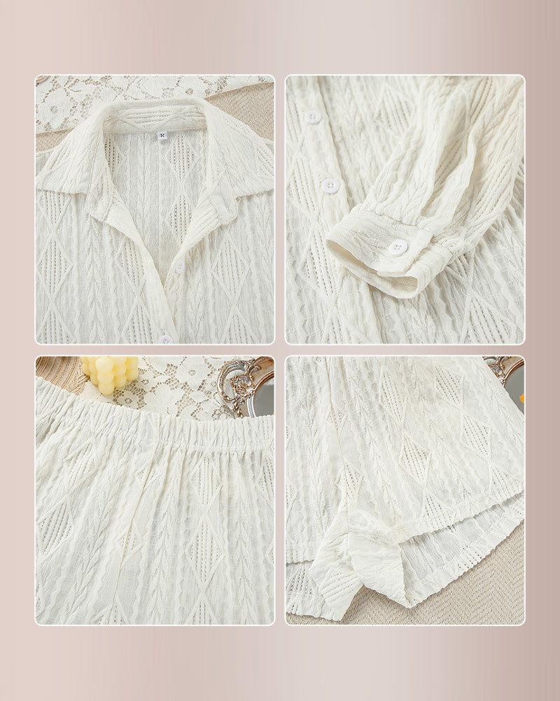 Curvvvy™ Textured Jacquard Long Sleeve & Shorts Lounge Set