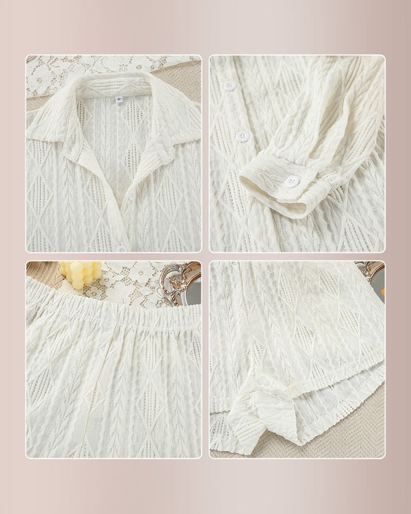 Curvvvy™ Textured Jacquard Long Sleeve & Shorts Lounge Set