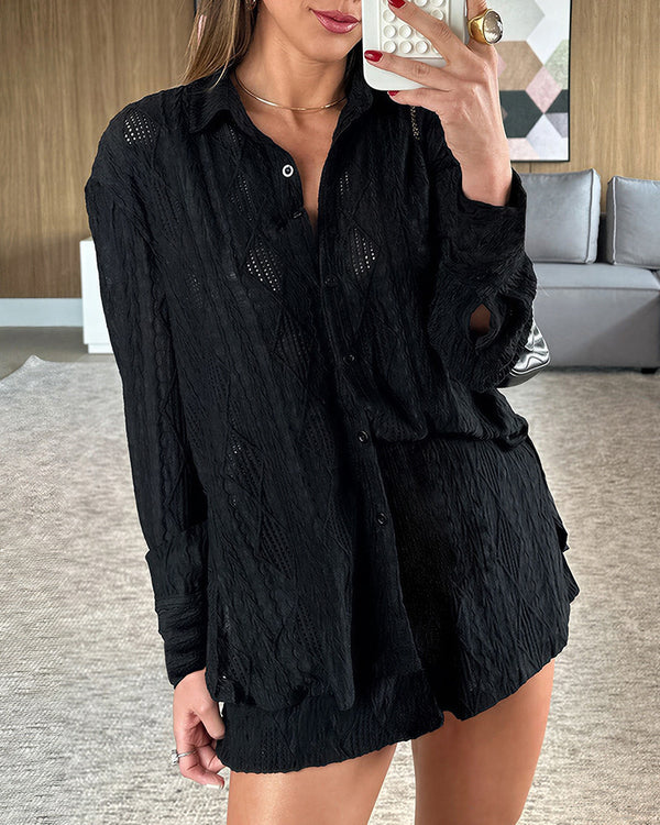 Curvvvy™ Textured Jacquard Long Sleeve & Shorts Lounge Set