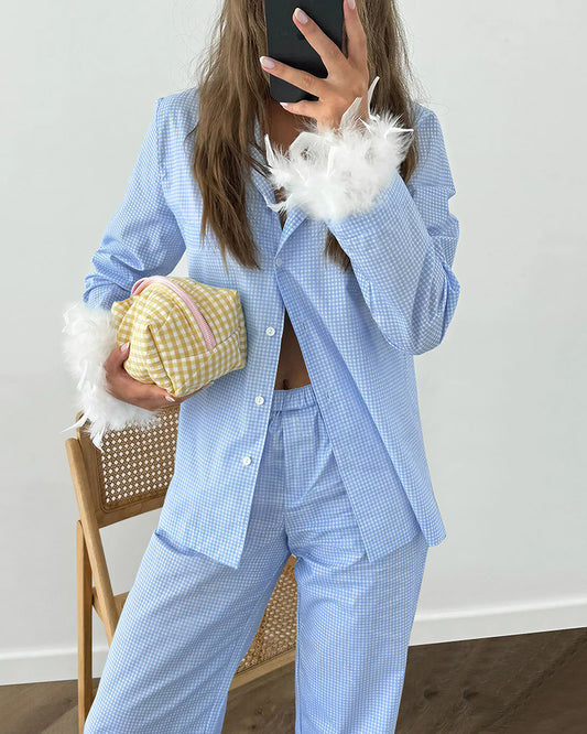 Curvvvy™ Feather Trim Gingham Long Sleeve Pajama Set