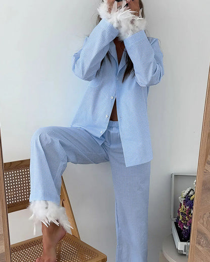 Curvvvy™ Feather Trim Gingham Long Sleeve Pajama Set