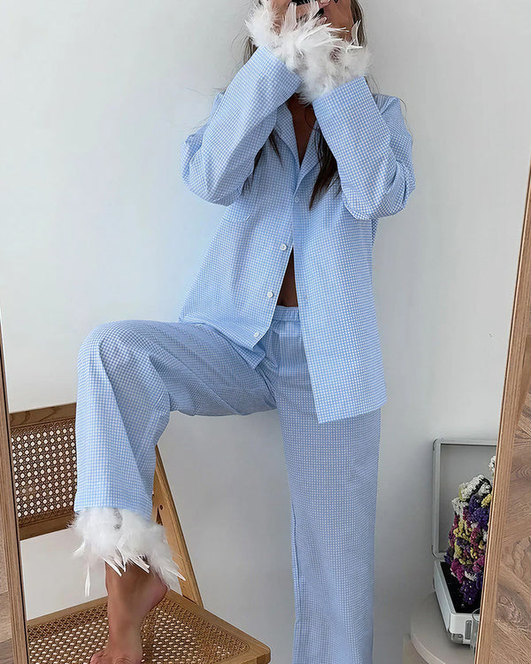 Curvvvy™ Feather Trim Gingham Long Sleeve Pajama Set