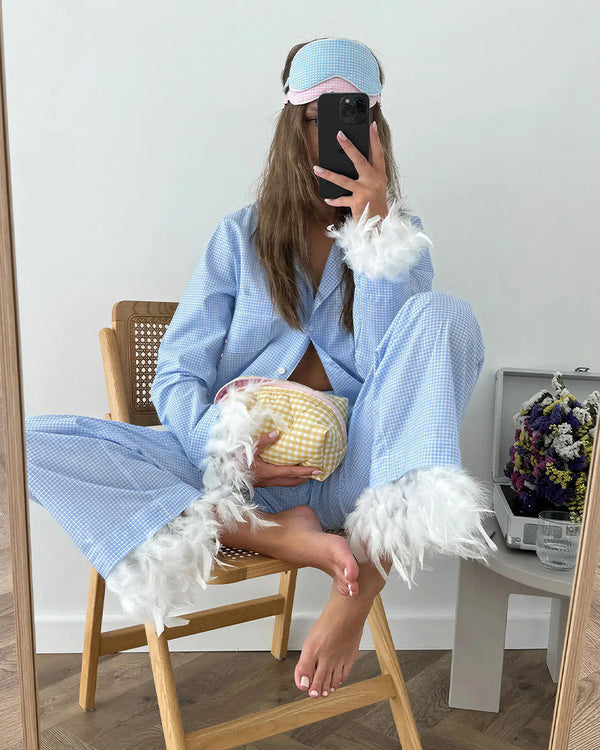 Curvvvy™ Feather Trim Gingham Long Sleeve Pajama Set