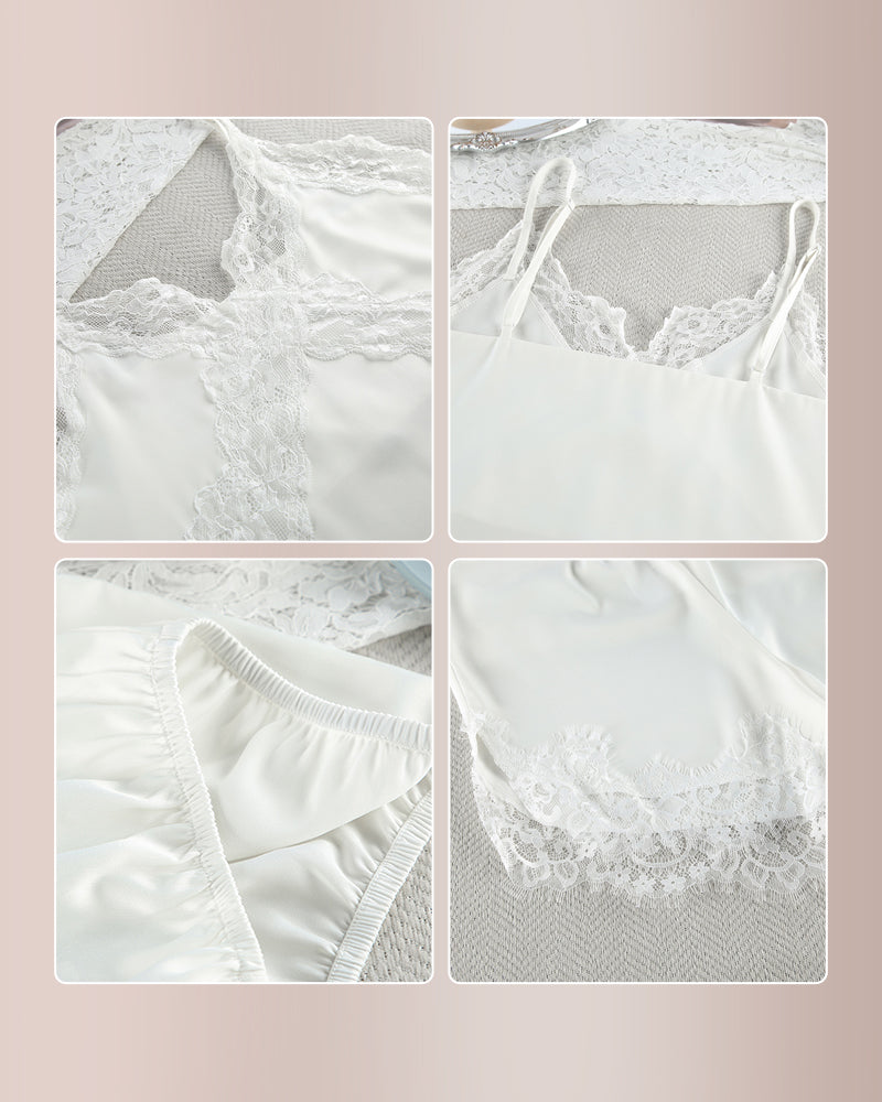 Curvvvy™ V-Neck Lace Trim Cooling Silk Pajama Set