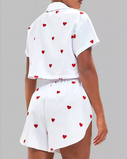 Curvvvy™ Sweetheart Cropped Pajama Set - Heart Print Loungewear