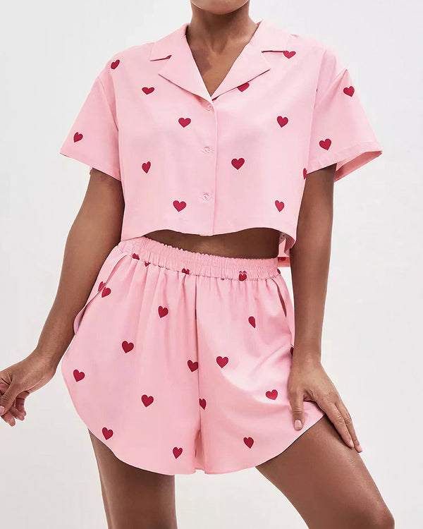 Curvvvy™ Sweetheart Cropped Pajama Set - Heart Print Loungewear