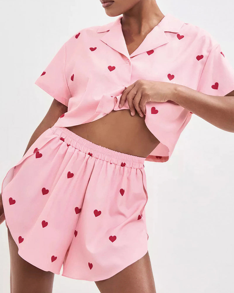 Curvvvy™ Sweetheart Cropped Pajama Set - Heart Print Loungewear