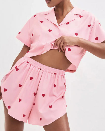 Curvvvy™ Sweetheart Cropped Pajama Set - Heart Print Loungewear