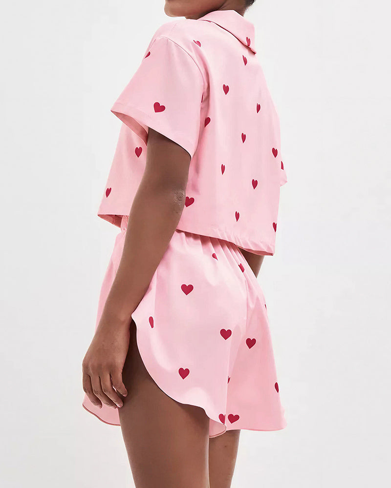 Curvvvy™ Sweetheart Cropped Pajama Set - Heart Print Loungewear