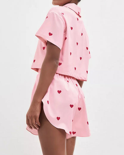 Curvvvy™ Sweetheart Cropped Pajama Set - Heart Print Loungewear