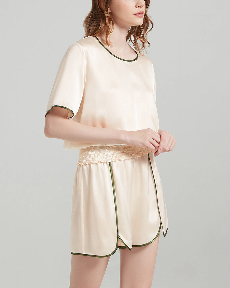 Curvvvy™ 100% Mulberry Silk Contrast Trim Short Pajama Set