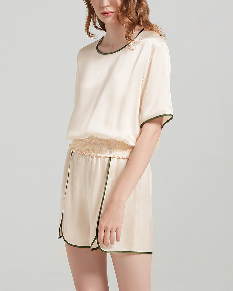 Curvvvy™ 100% Mulberry Silk Contrast Trim Short Pajama Set