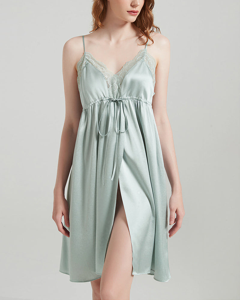 Curvvvy™ Mulberry Silk Lace Trim Tie-Waist Slip Nightgown