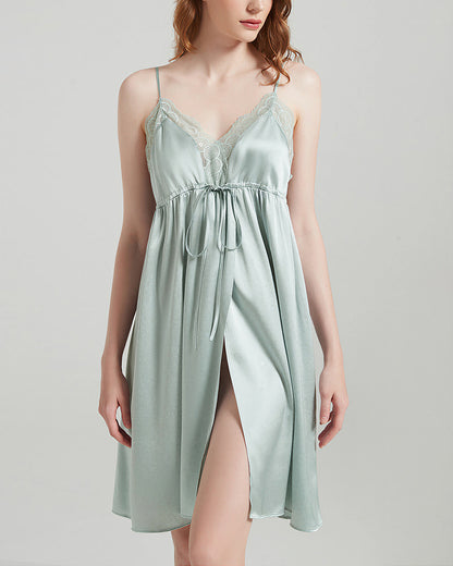Curvvvy™ Mulberry Silk Lace Trim Tie-Waist Slip Nightgown