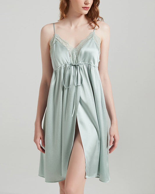 Curvvvy™ Mulberry Silk Lace Trim Tie-Waist Slip Nightgown