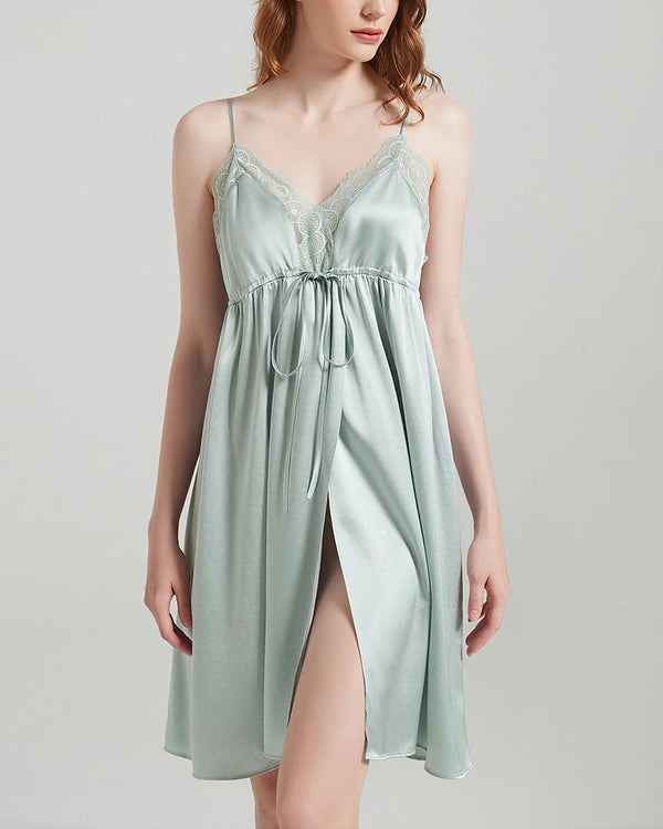 Curvvvy™ Mulberry Silk Lace Trim Tie-Waist Slip Nightgown