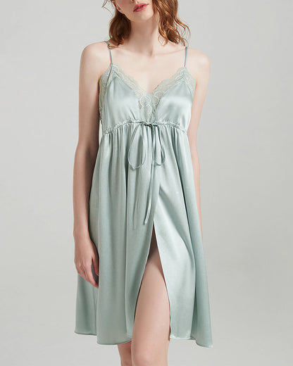 Curvvvy™ Mulberry Silk Lace Trim Tie-Waist Slip Nightgown