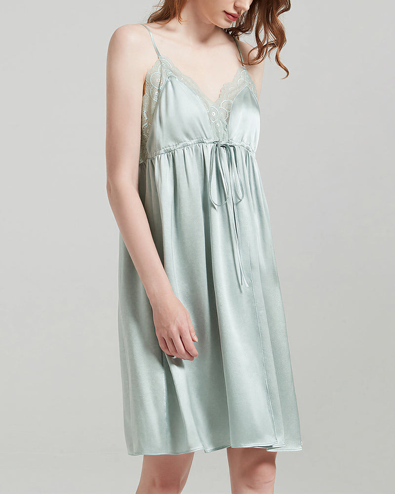 Curvvvy™ Mulberry Silk Lace Trim Tie-Waist Slip Nightgown