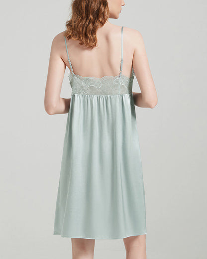 Curvvvy™ Mulberry Silk Lace Trim Tie-Waist Slip Nightgown