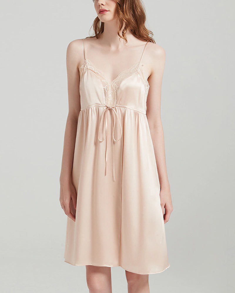 Curvvvy™ Mulberry Silk Lace Trim Tie-Waist Slip Nightgown
