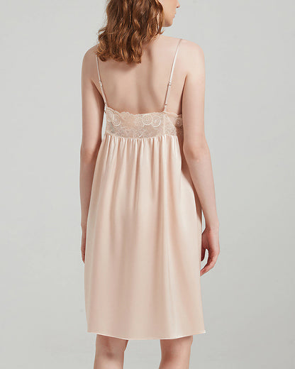 Curvvvy™ Mulberry Silk Lace Trim Tie-Waist Slip Nightgown
