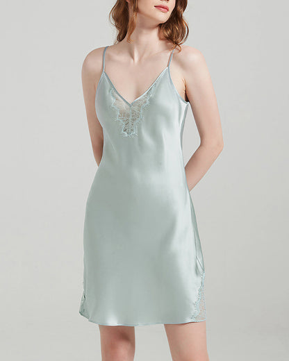 Curvvvy™ 100% Mulberry Silk V-Neck Lace Slip Dress Nightgown