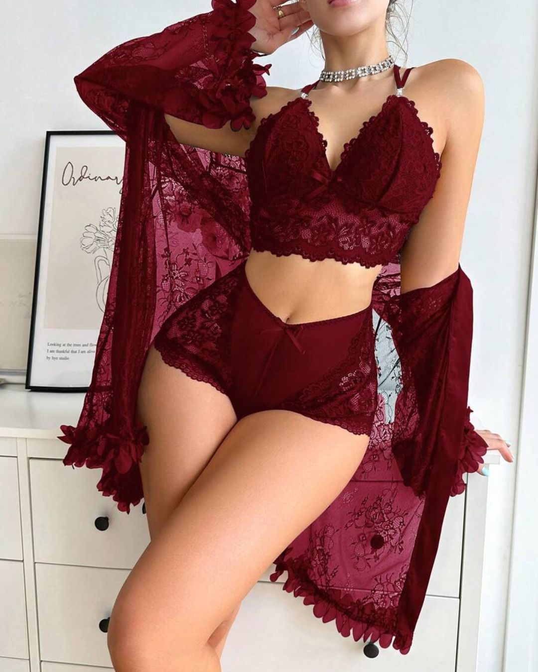 Curvvvy™ BlossomLace Sheer Lace Sleepwear 3-Piece Set