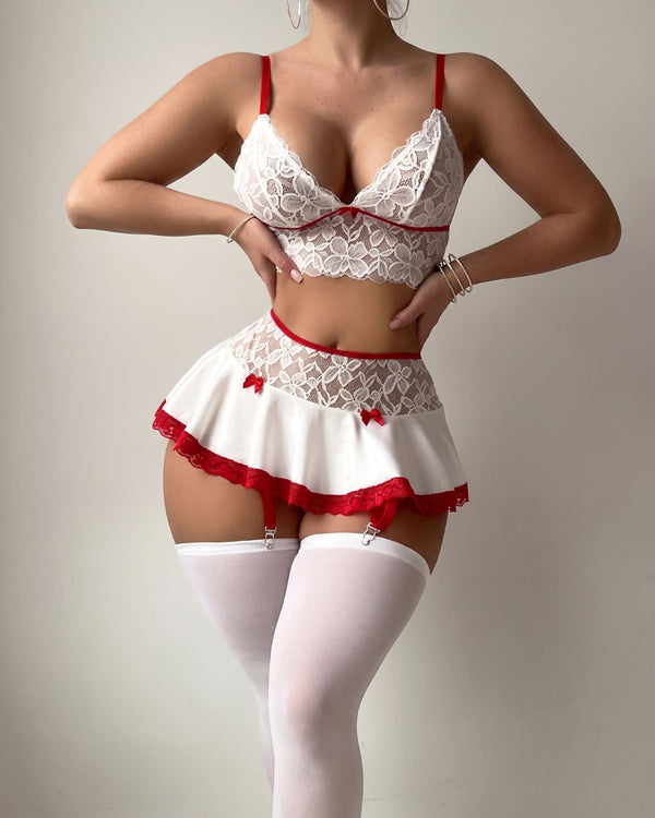 Curvvvy™ Sweetheart Floral Lace Lingerie Skirt Set
