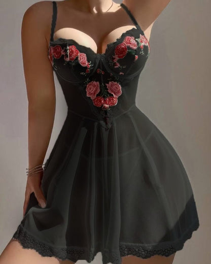 Curvvvy™ Rose Embroidered Sheer Lace Babydoll & Thong Set